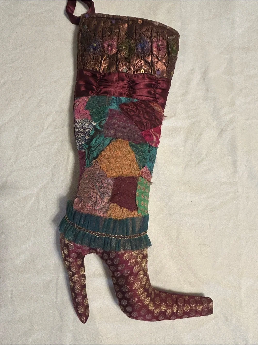 Pier 1 Patchwork Style Victorian Christmas Stocking High Heeled Boot